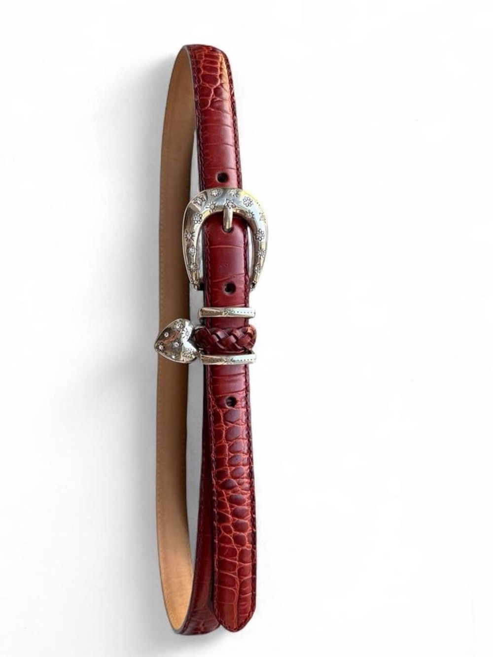 Brighton Red Croc-Embossed Leather Belt with Silver Heart Buckle
